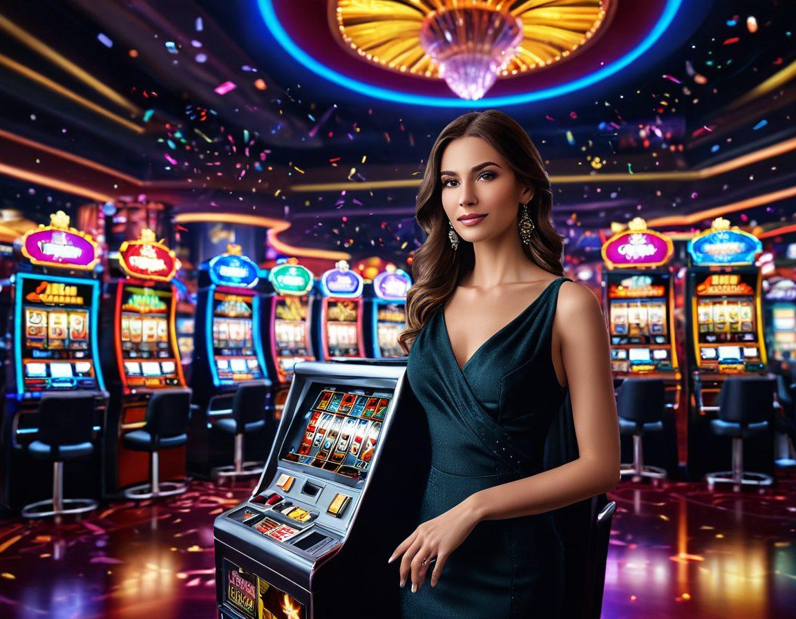 A luxurious casino environment featuring high-end slot machines glimmering with vibrant lights, surrounded by elegantly dressed high rollers celebrating their wins. Add an air of excitement with confetti falling and a digital display of powerful jackpots in the background. The scene is lively, capturing the thrill of virtual casino fun. modern art. vibrant colors. 3D.