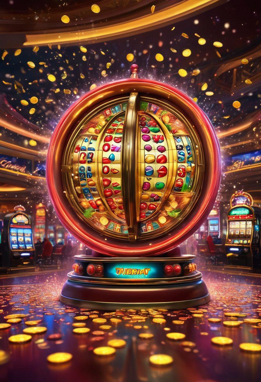 A vibrant casino scene filled with colorful slot machines, people joyfully playing, and coins raining down. Include a glowing jackpot display with exciting game symbols like cherries, lemons, and lucky sevens. The atmosphere should feel lively and fun, with confetti flying in the air. The background should show a sparkling chandelier and glowing lights to enhance the festive vibe. super-realistic. vibrant colors. 3D.